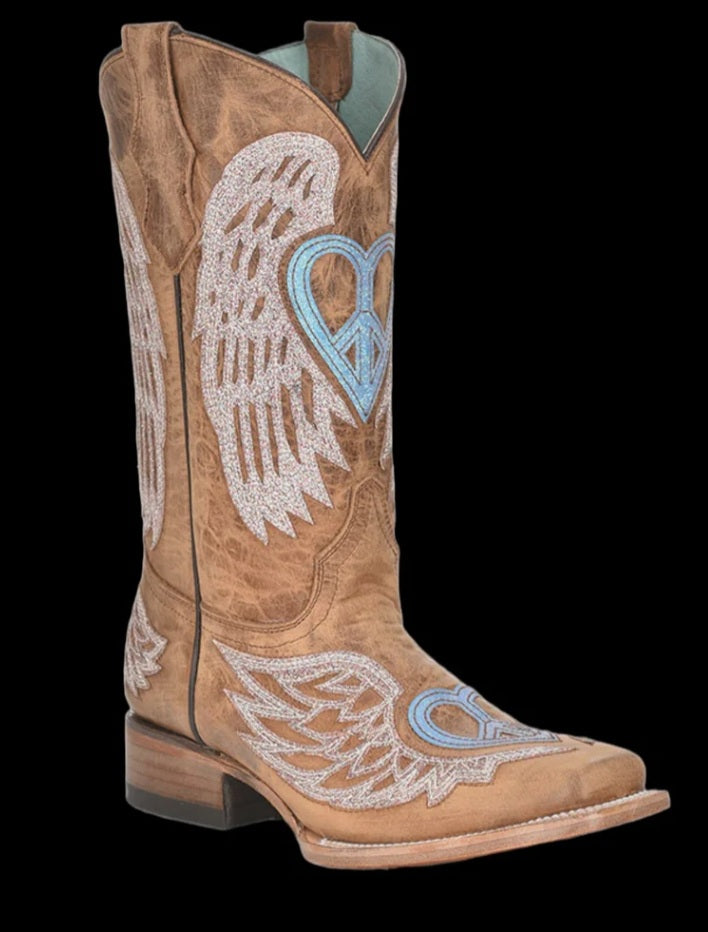 Teens Corral tan and glitter heart wing boots T0145