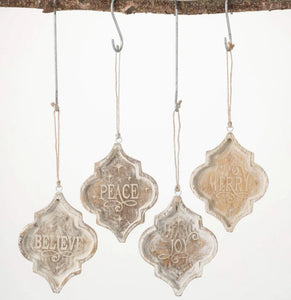 Holiday wood text ornaments