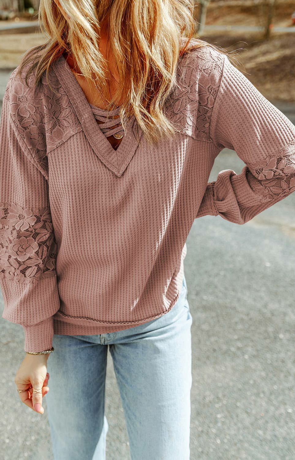 Laced waffle knit vneck long sleeve top