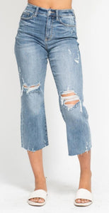 Judy blue highwaisted destroyed crop wide leg jeans