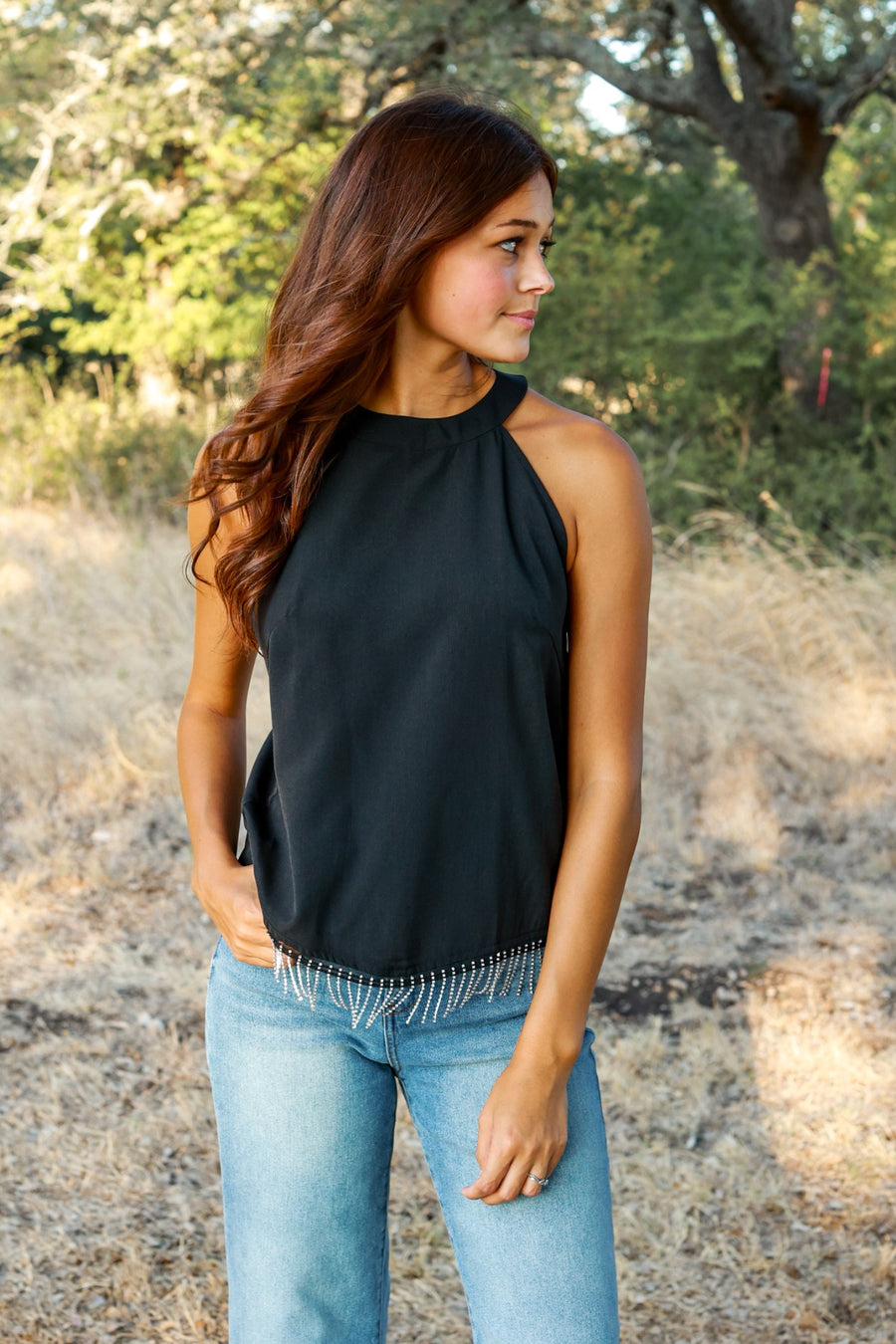 SIMPLY PERFECT BLACK TOP WITH RHINESTONE FRINGE