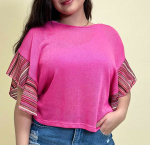 PINK KNIT TOP WITH STRIPED SLEEVES