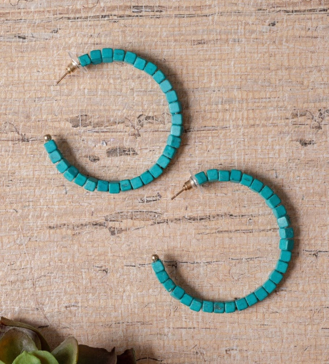 TURQUOISE SQUARE BEADED HOOPS