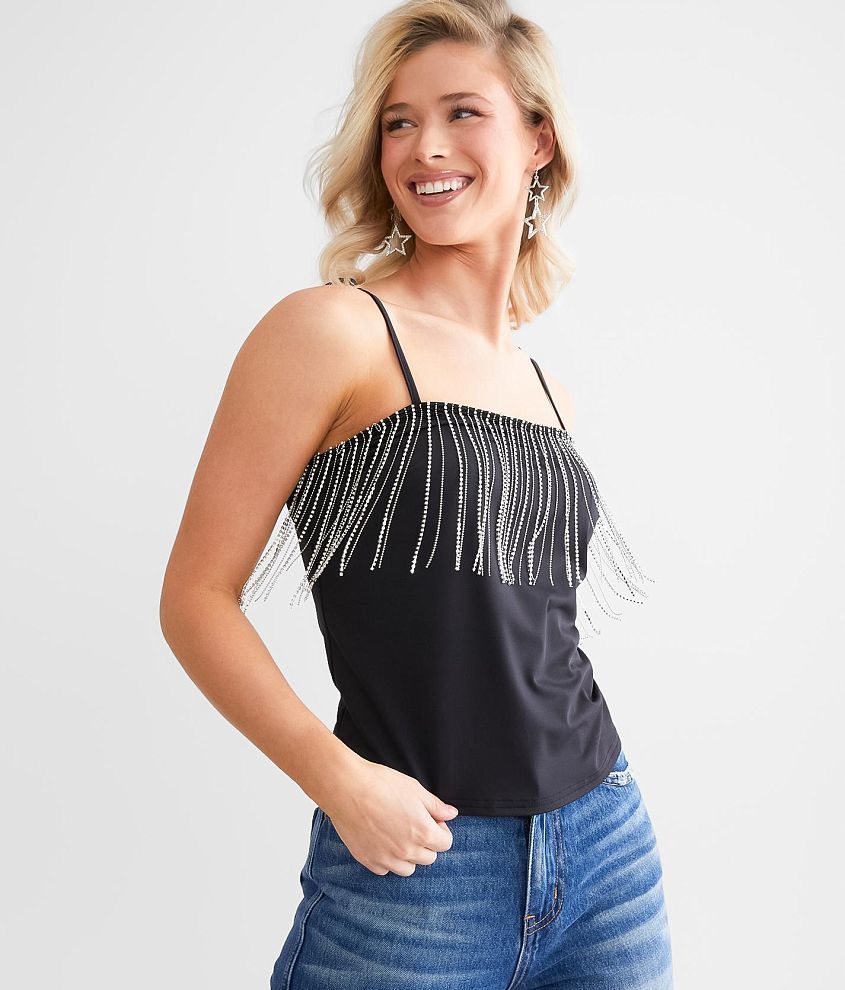 Tank top with rhinestone fringe