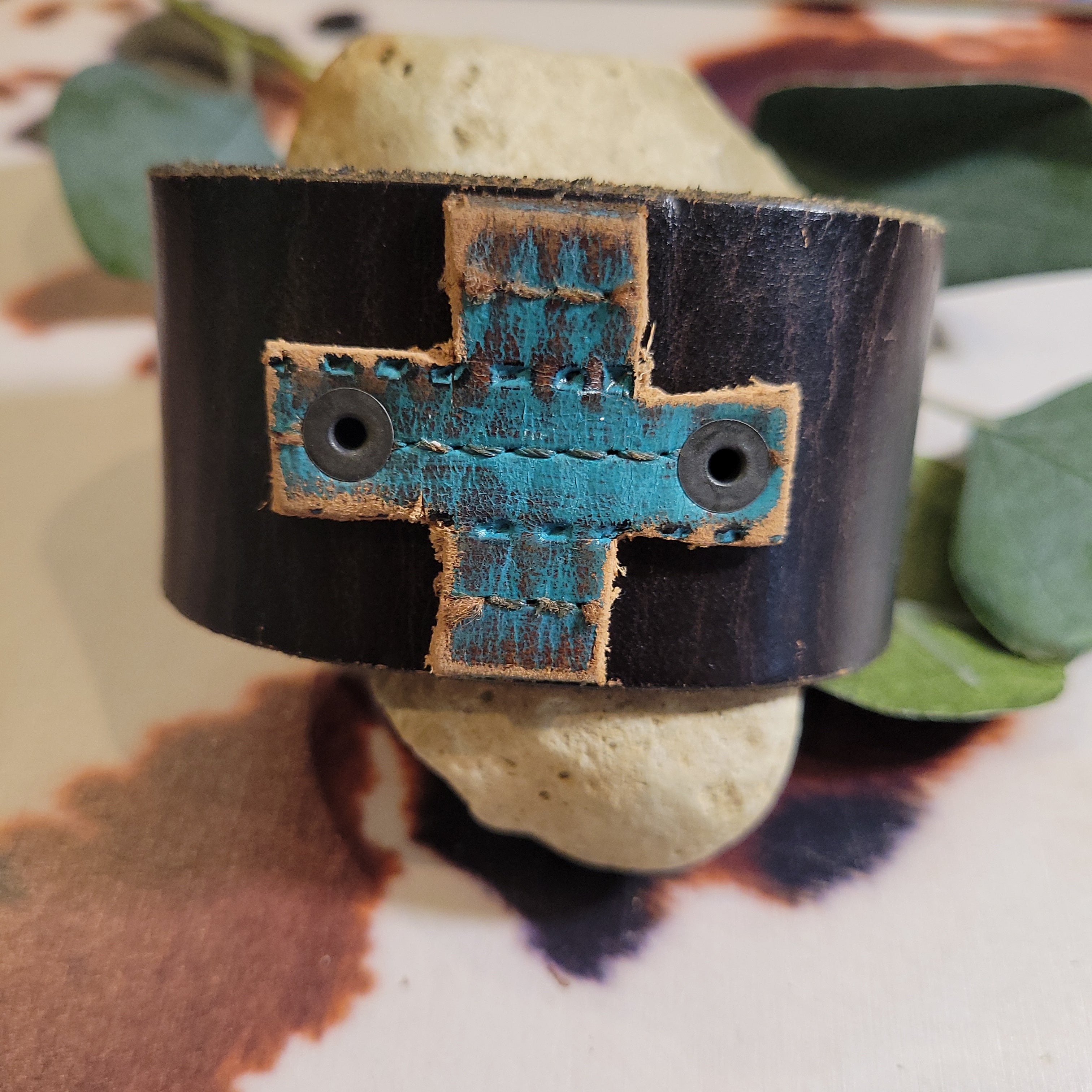 Teal cross leather bracelet
