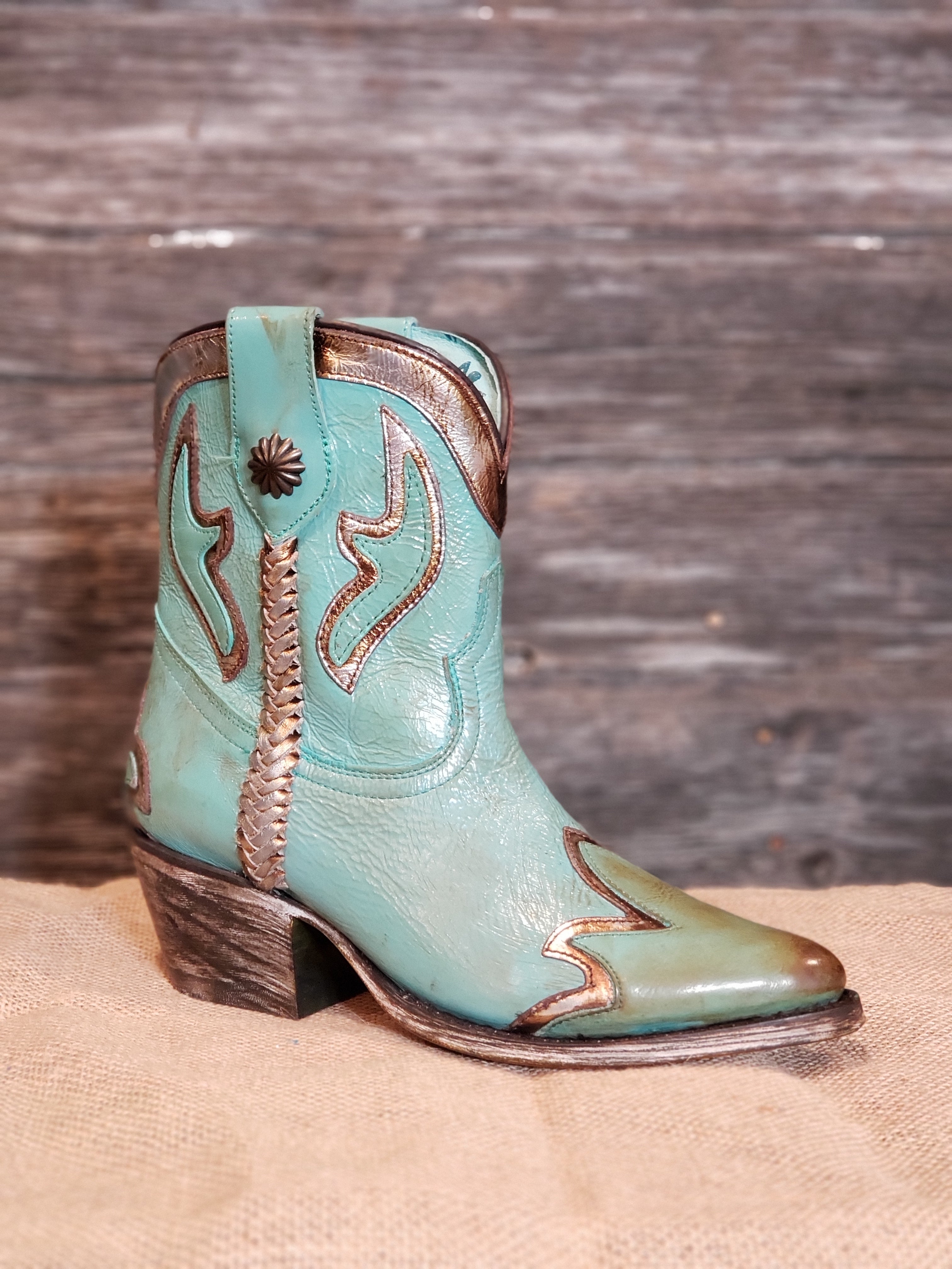 CORRAL LD TURQUOISE/GOLD OVERLAY & WOVEN ANKLE BOOT POINT TOE Z0120