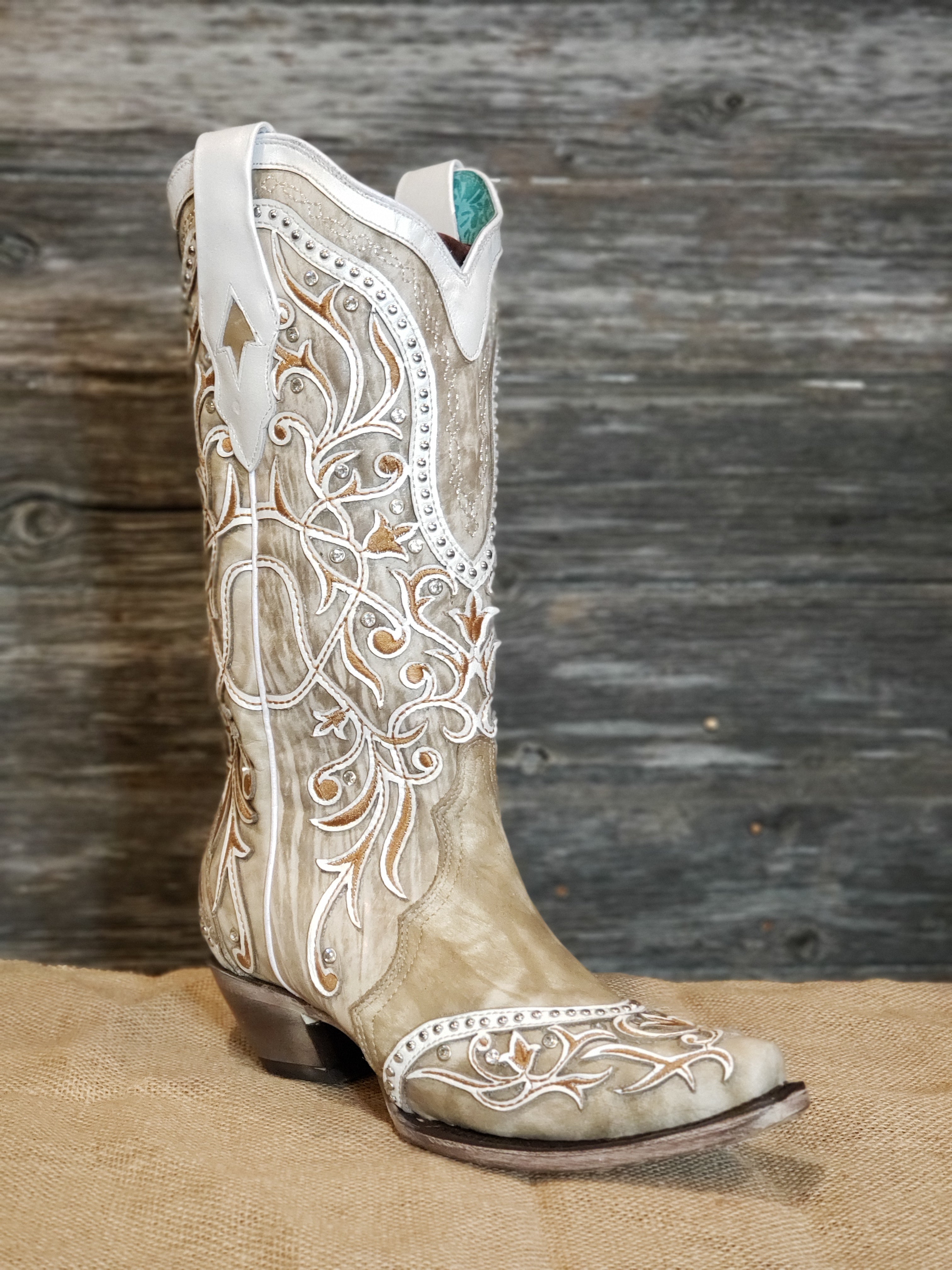 Corral White Overlay Studded Womens Snip Toe Boots A3837