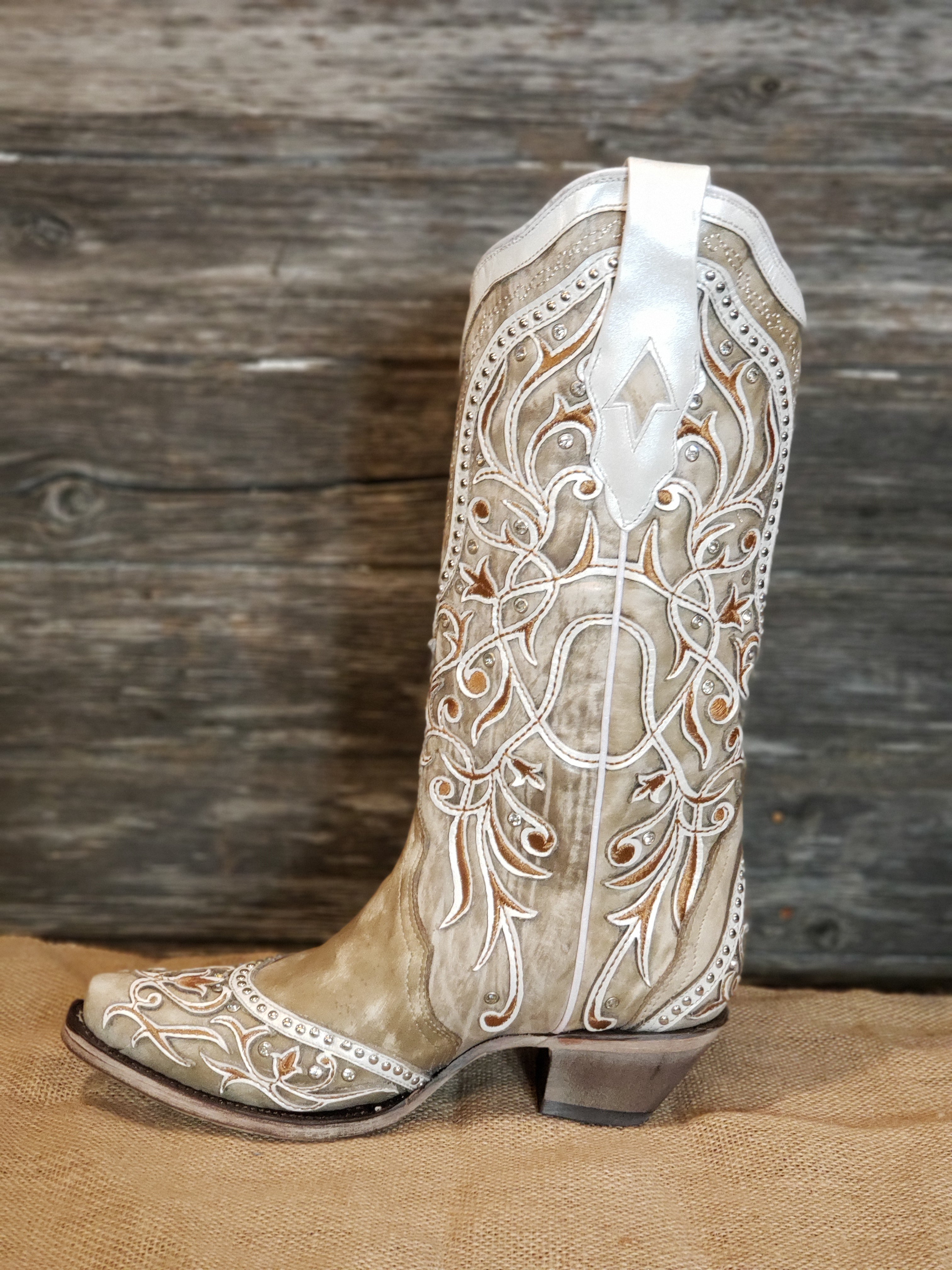 Corral White Overlay Studded Womens Snip Toe Boots A3837