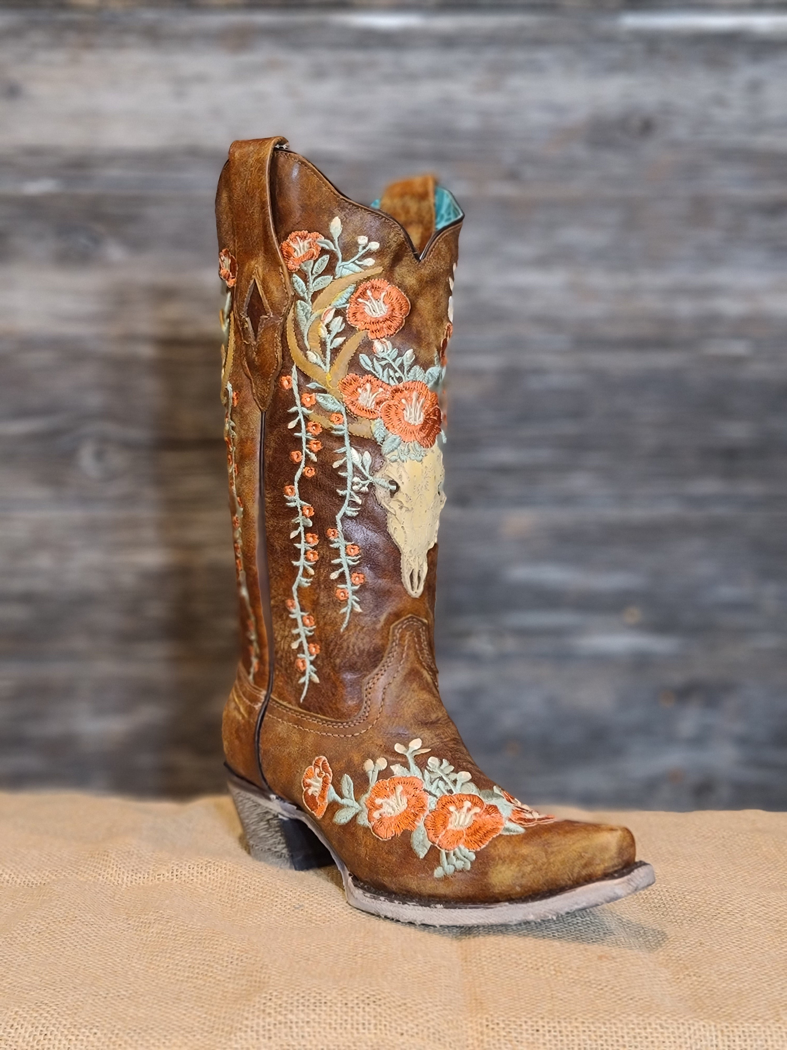 Corral A3652 Tan Deer Skull Overlay and Floral Embroidered Boots