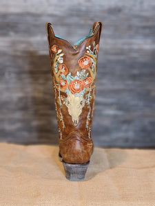 Corral A3652 Tan Deer Skull Overlay and Floral Embroidered Boots