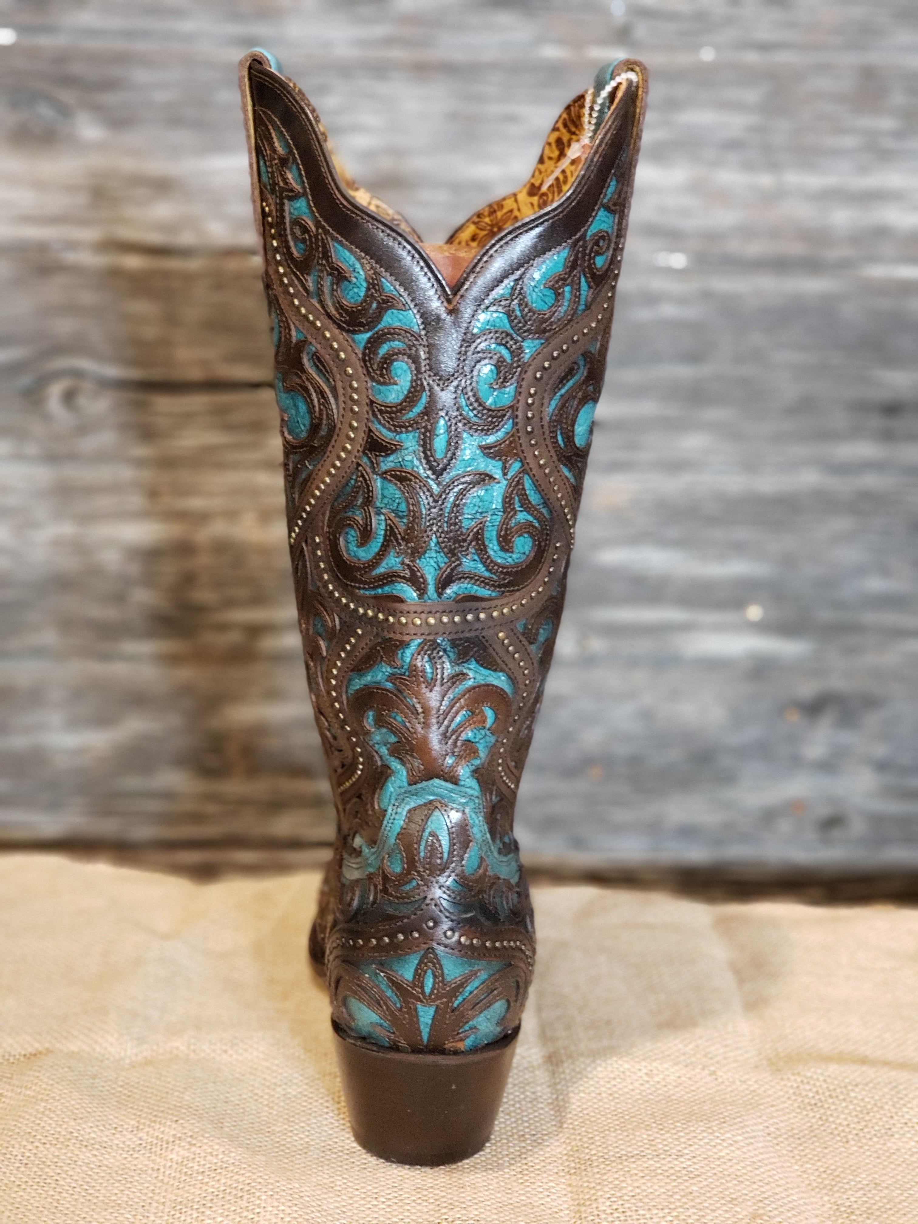 CORRAL WOMENS TURQUOISE BROWN LASER STUDS SNIP TOE BOOT STYLE G1415