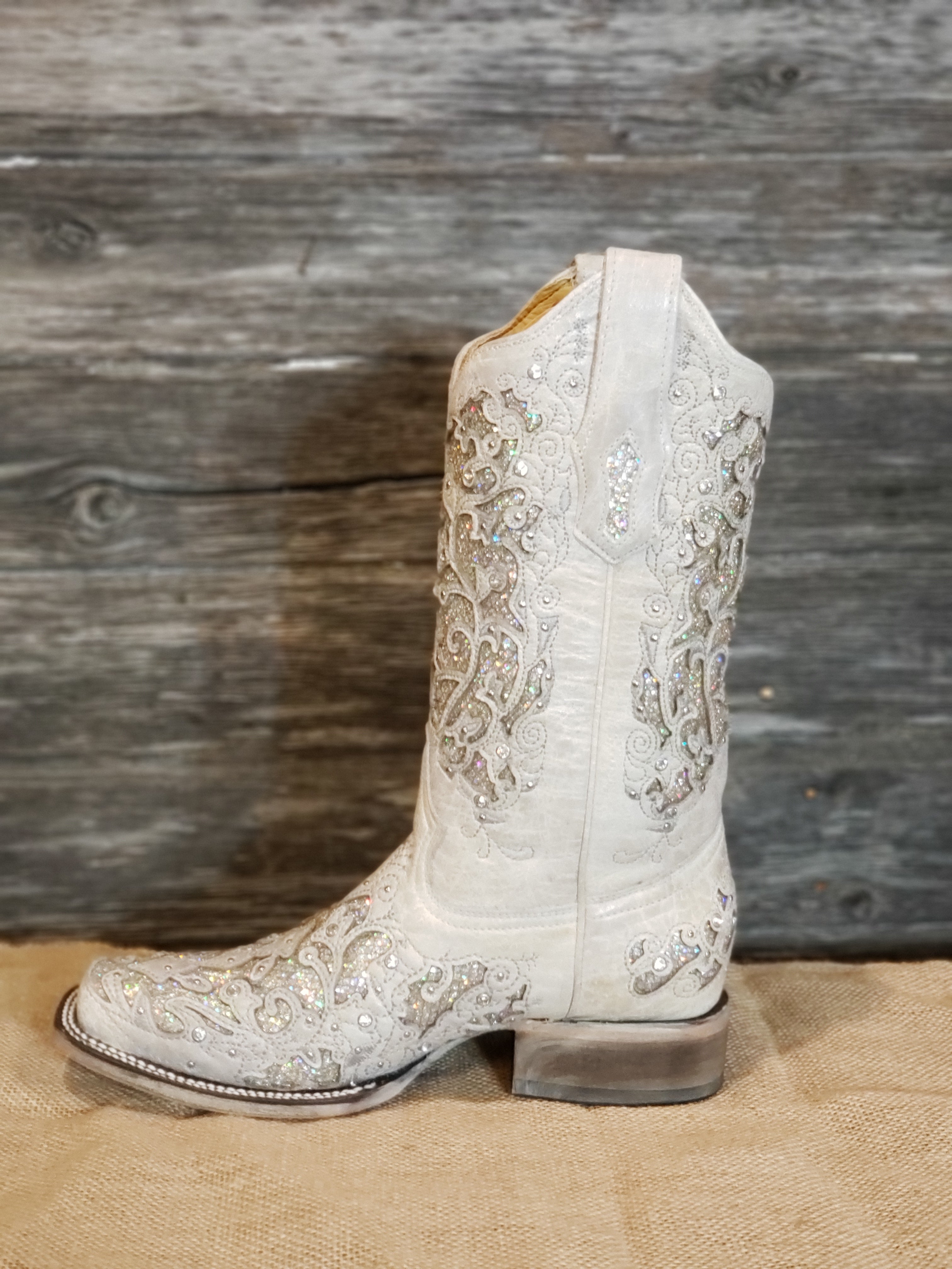 Corral White Glitter Inlay and Crystals Square Toe A3397