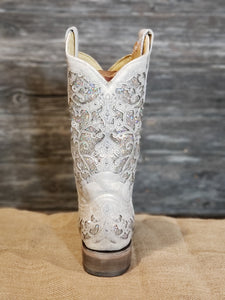 Corral White Glitter Inlay and Crystals Square Toe A3397