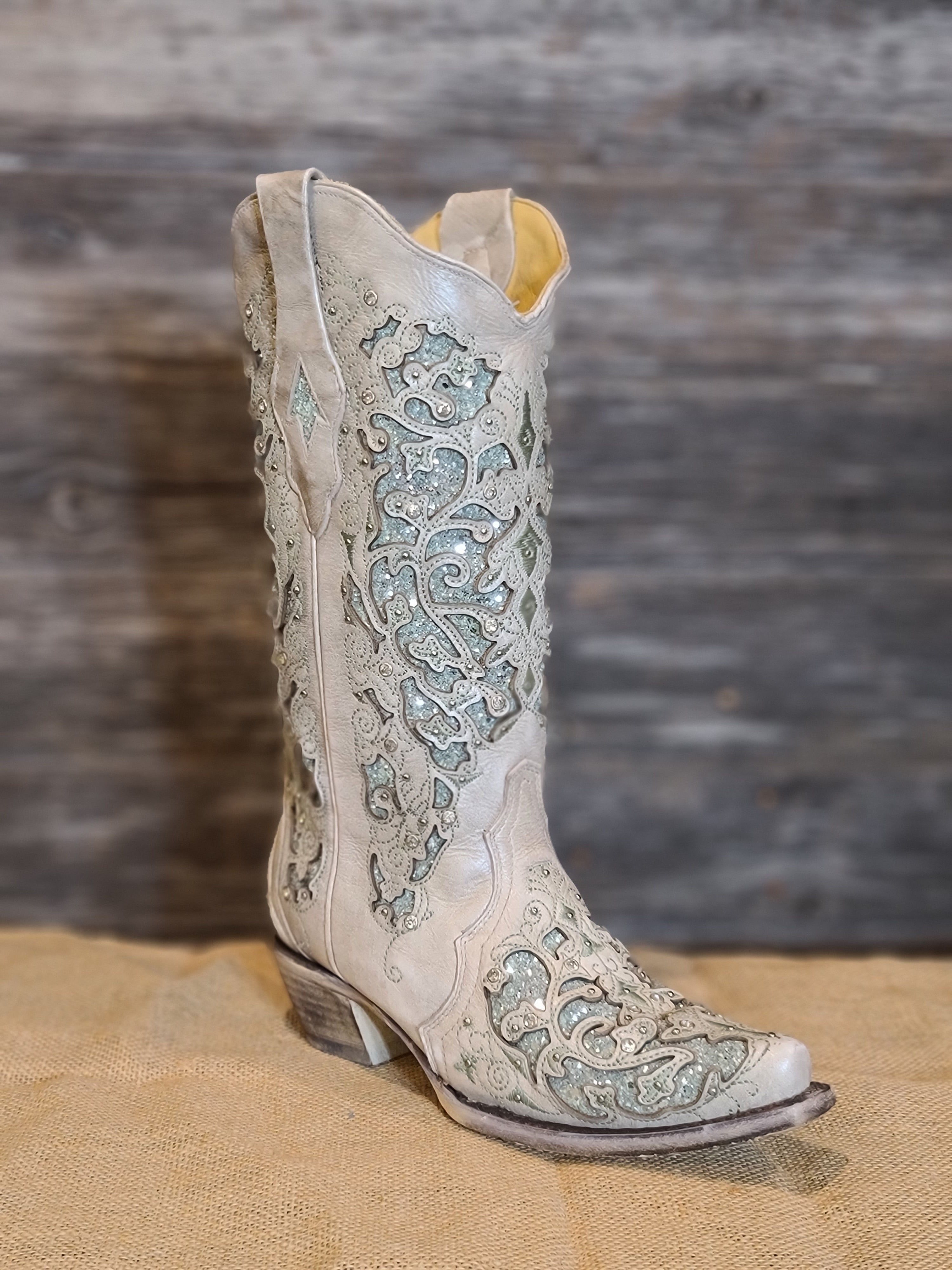 Corral Ladies Martina Green White Glitter Crystals Wedding Boots A3321