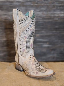 Corral White Studs & Flowered Embroidery & Crystals Square Toe Boot E1523