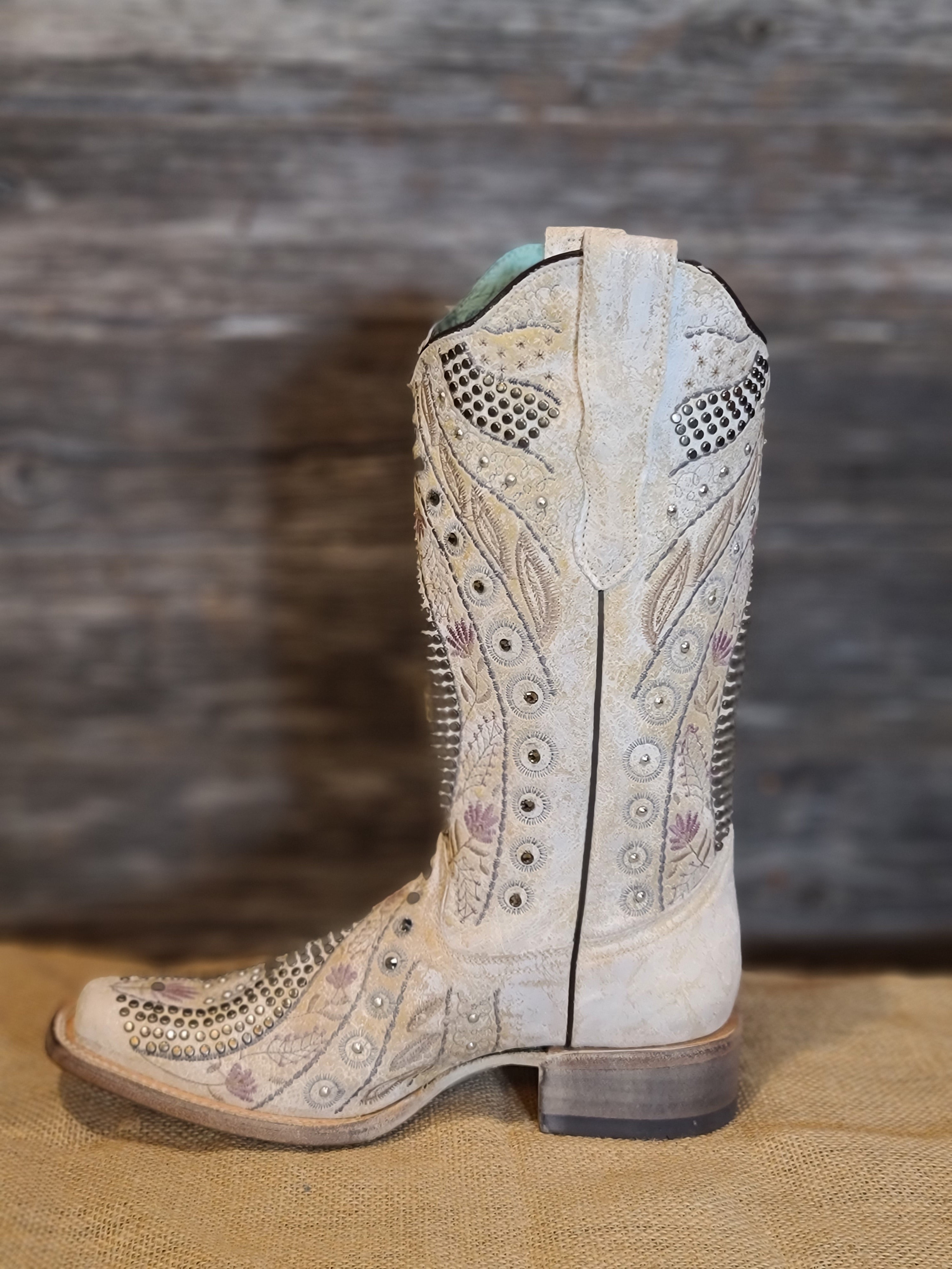 Corral White Studs & Flowered Embroidery & Crystals Square Toe Boot E1523