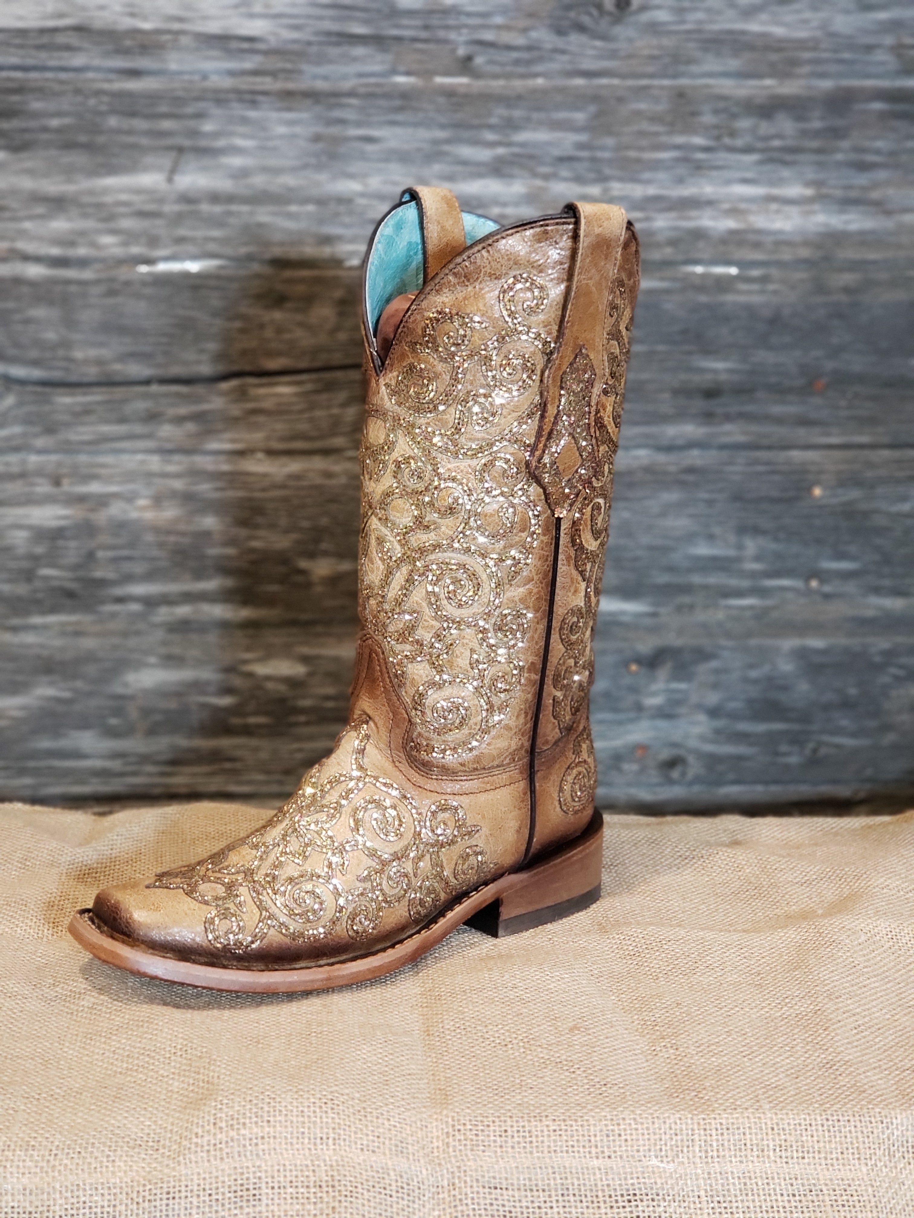 Corral Saddle Gold Glitter Overlay Embroidery Square Toe Boot C3772