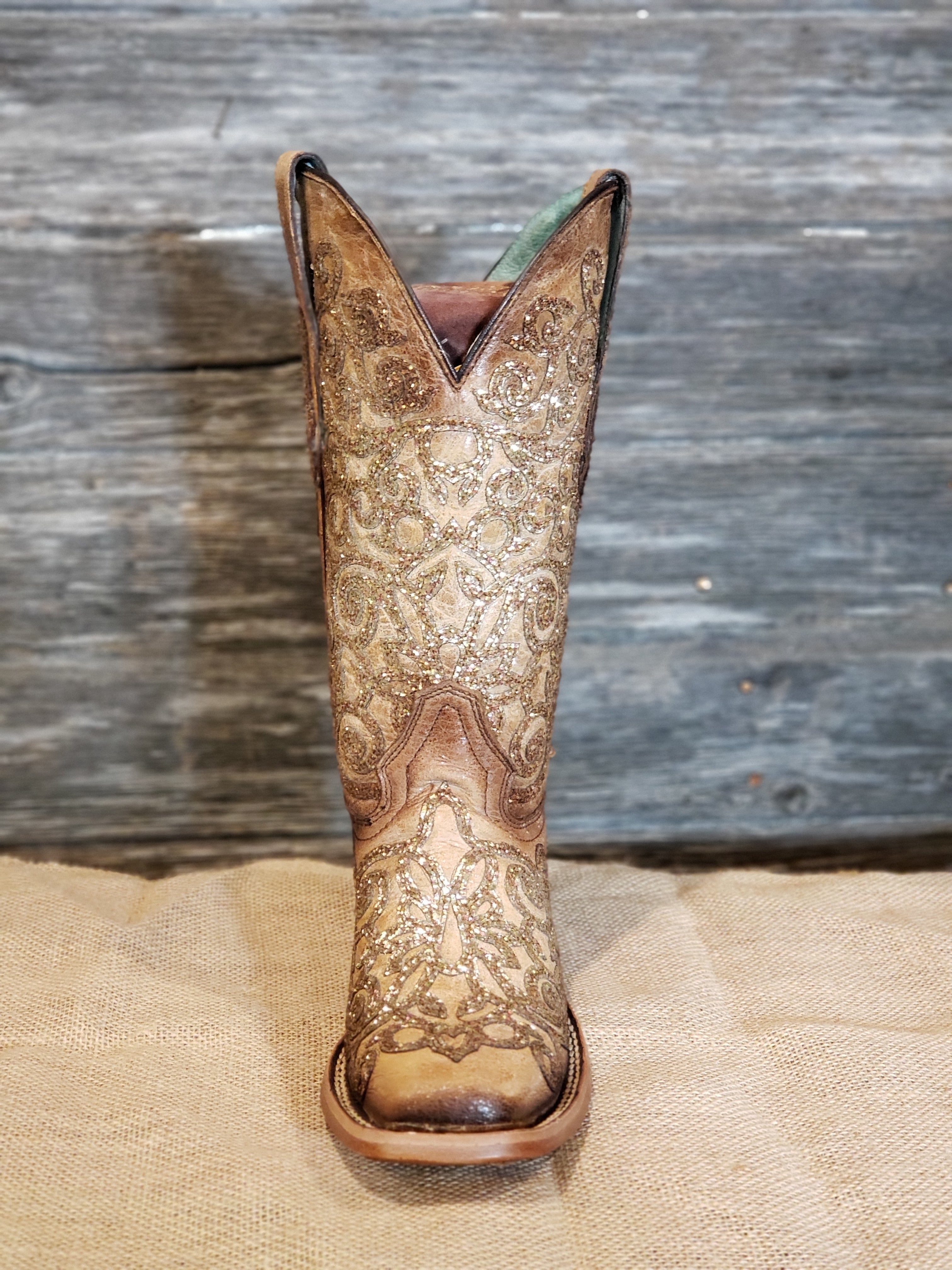 Corral Saddle Gold Glitter Overlay Embroidery Square Toe Boot C3772