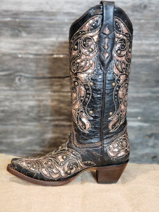 Corral Ladies Embroidery & Stud Black & Honey Inlay Boots A4124