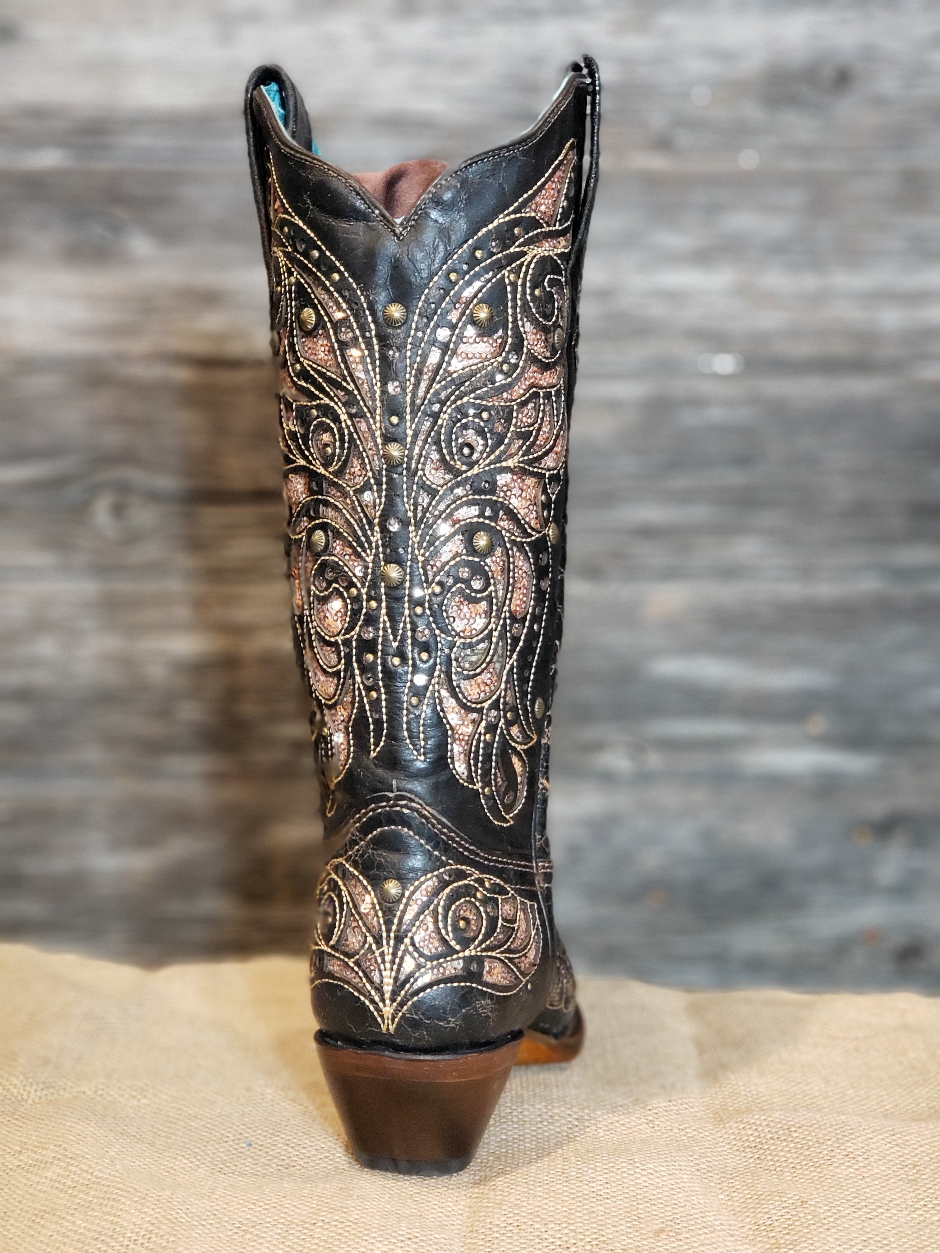 Corral Ladies Embroidery & Stud Black & Honey Inlay Boots A4124