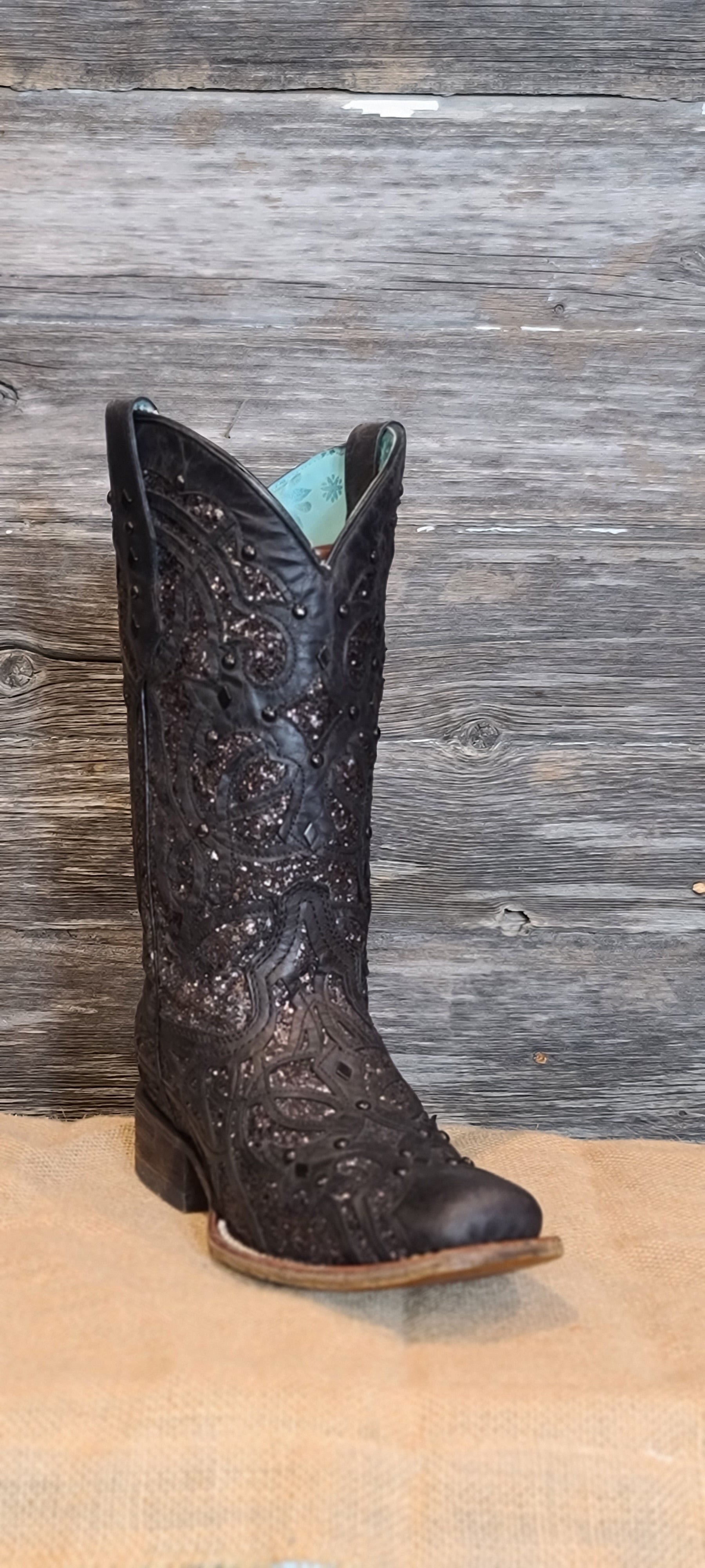 Corral Ladies Black Glittered Inlay Square Toe Western Boots C3265