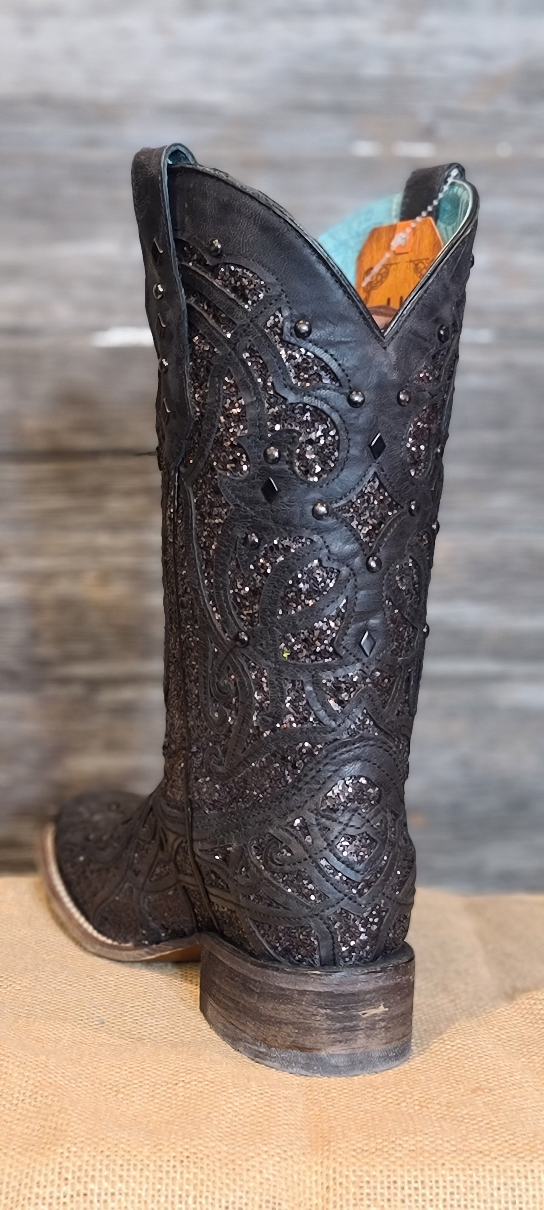 Corral Ladies Black Glittered Inlay Square Toe Western Boots C3265