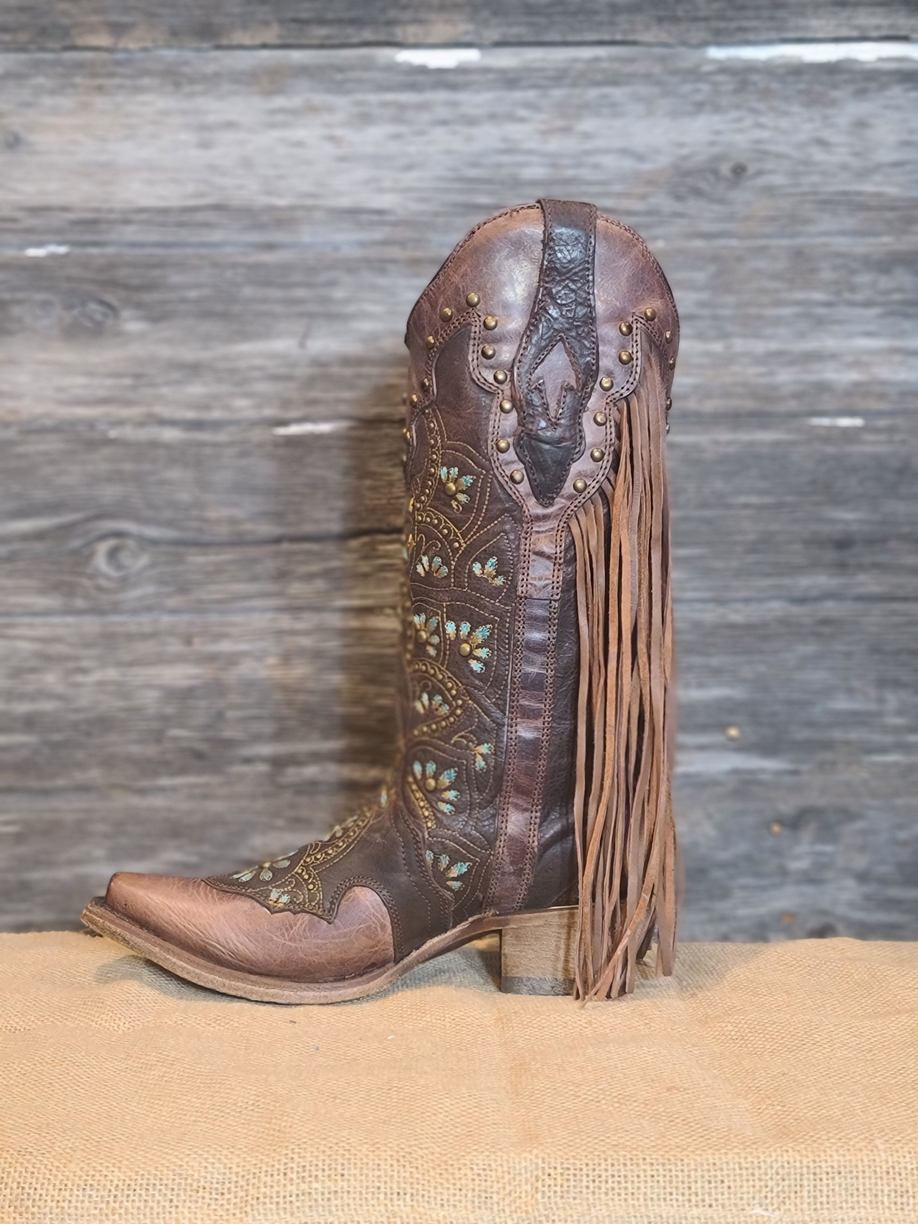 Corral Western Boots Womens Leather Fringe Conchos Snip Toe C3647