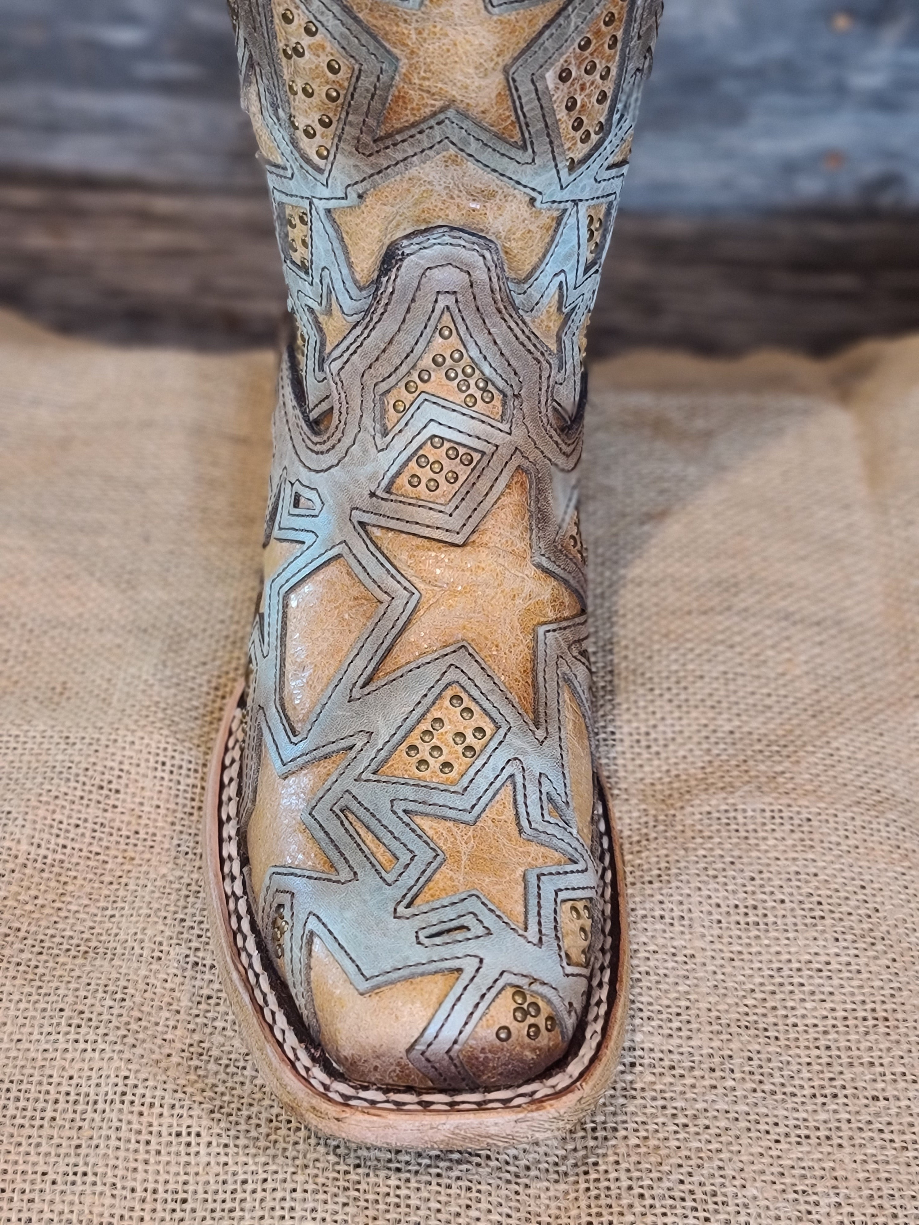 Corral Women's Tan & Light Turquoise Star Overlay Square Toe Western Boots C3519