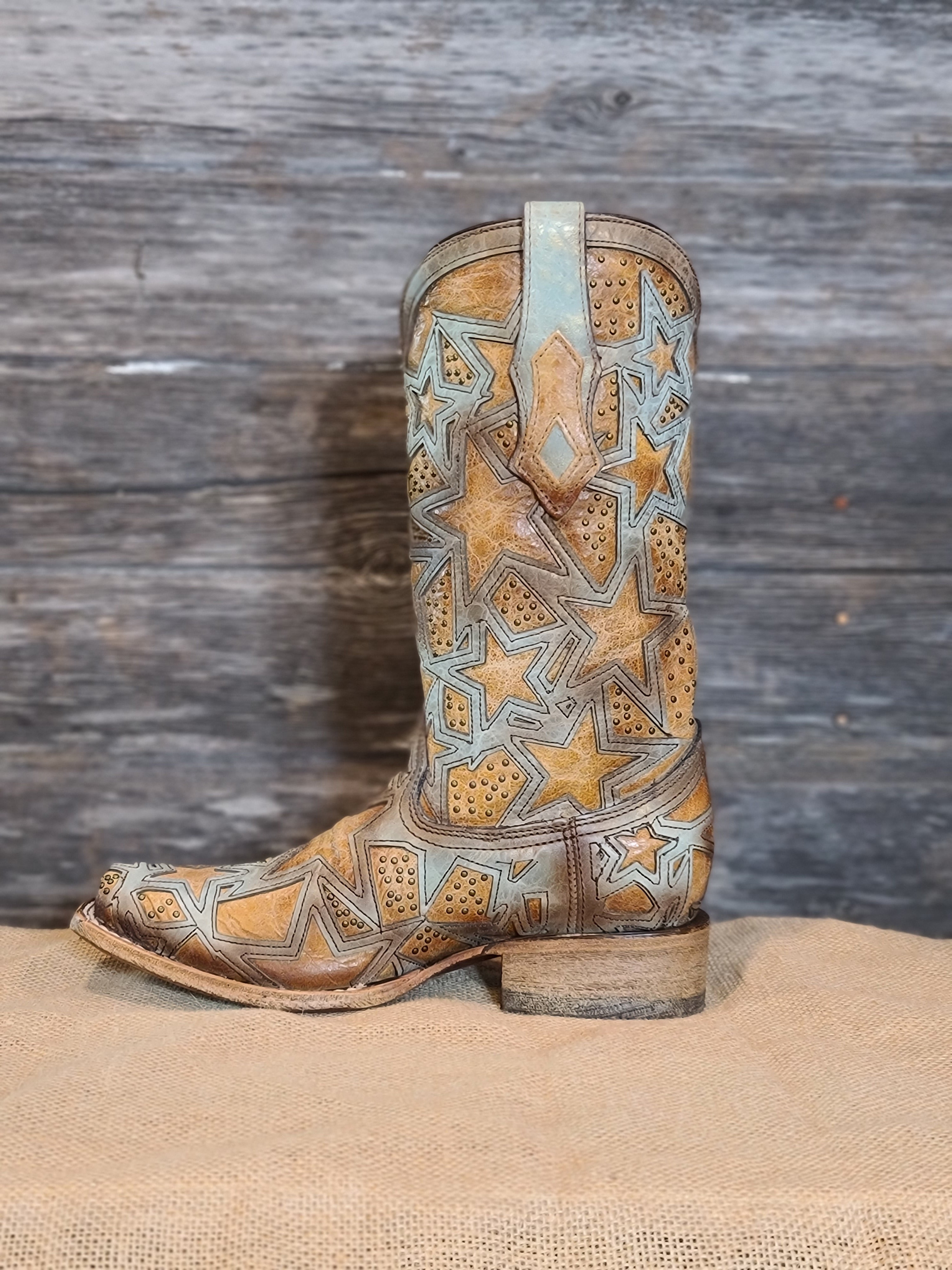 Corral Women's Tan & Light Turquoise Star Overlay Square Toe Western Boots C3519