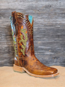 Corral Brown Embroidery and Studs Square Toe Boots A4060