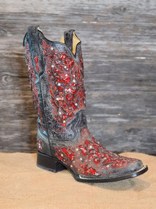 Corral Ladies Grey Red Glitter Inlay & Crystals Square Toe Boots A3647