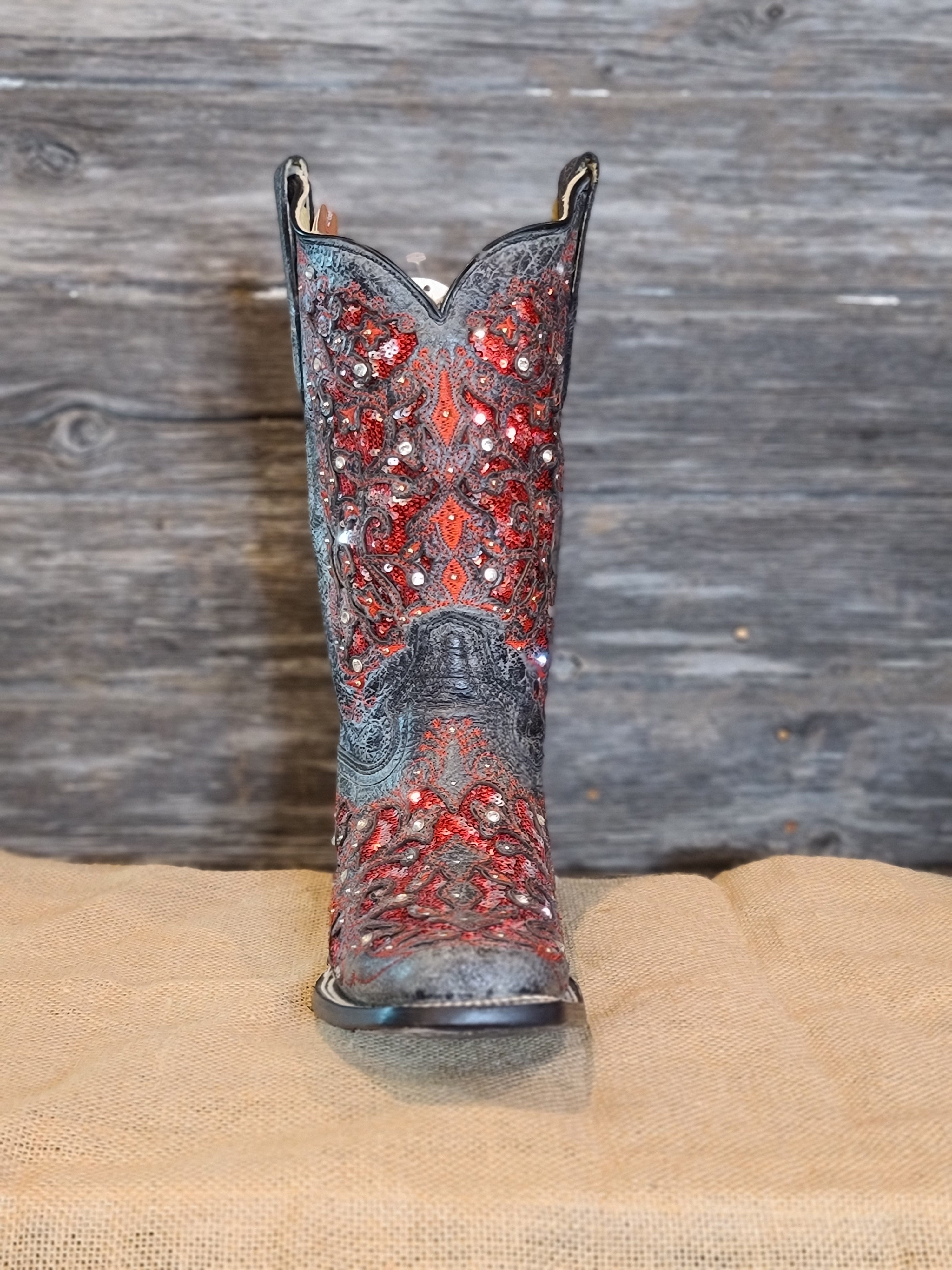 Corral Ladies Grey Red Glitter Inlay & Crystals Square Toe Boots A3647