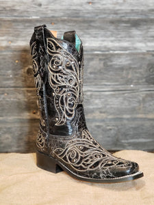 Corral Distressed Black With Black Sequence Inlay & Studs Square Toe A4126