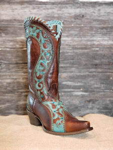E1538 Corral Women's Turquoise Floral Overlay Gemstone Snip Toe Boot