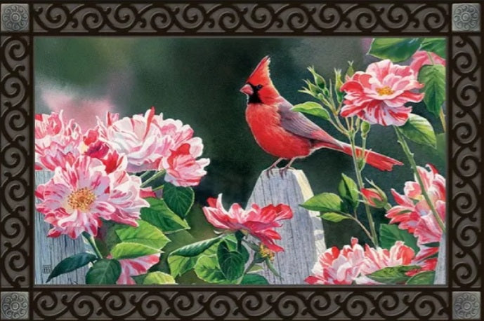Cardinal with variegated roses matmate