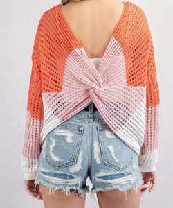 Coral/pink/ivory twisted back sweater