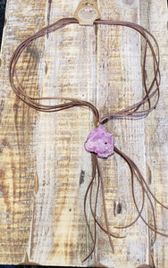 Pink and gold geode leather fringe necklace