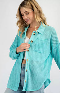 Waffle jacket button down knit top