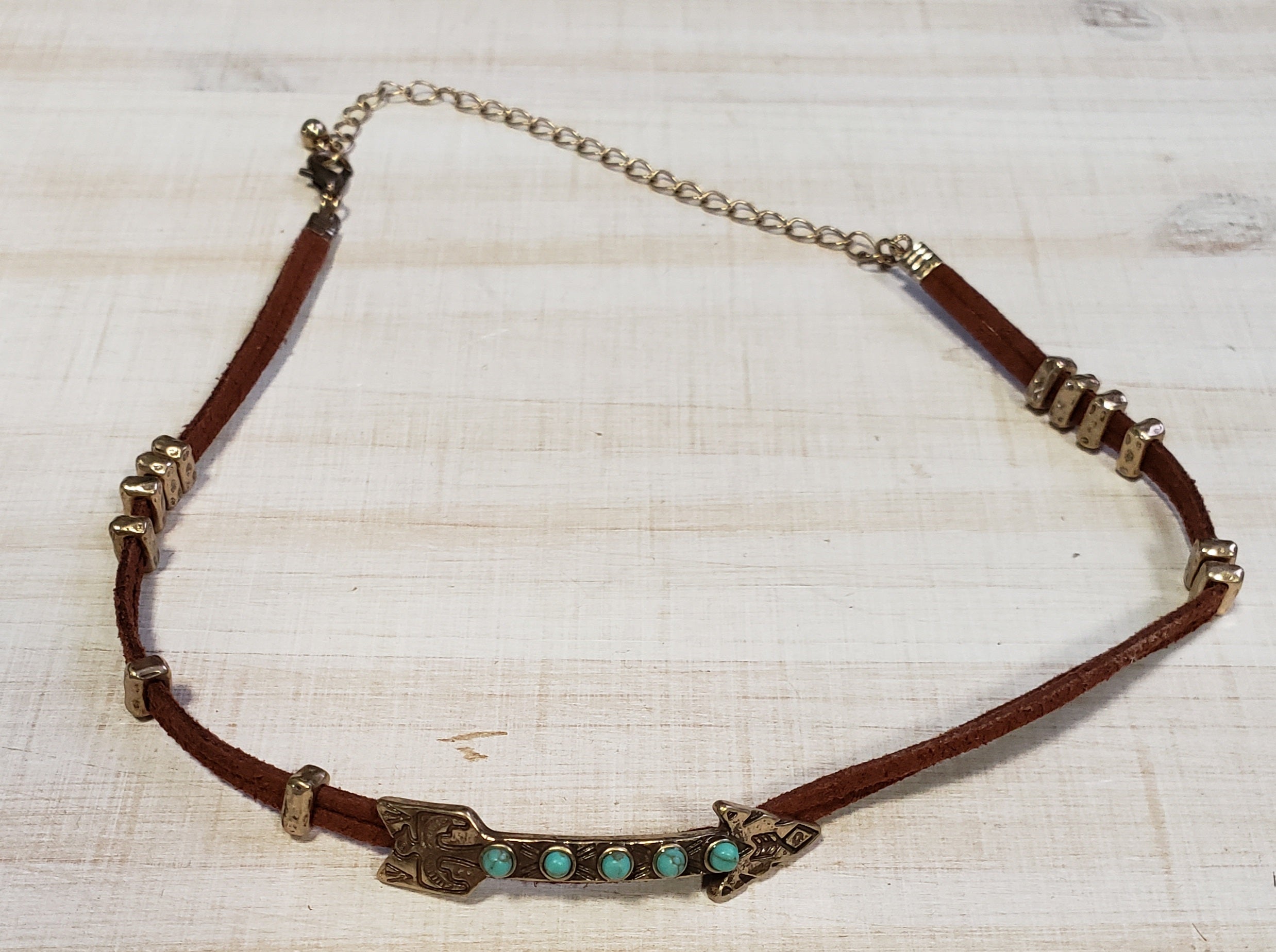 Silver and turquoise arrow leather necklace