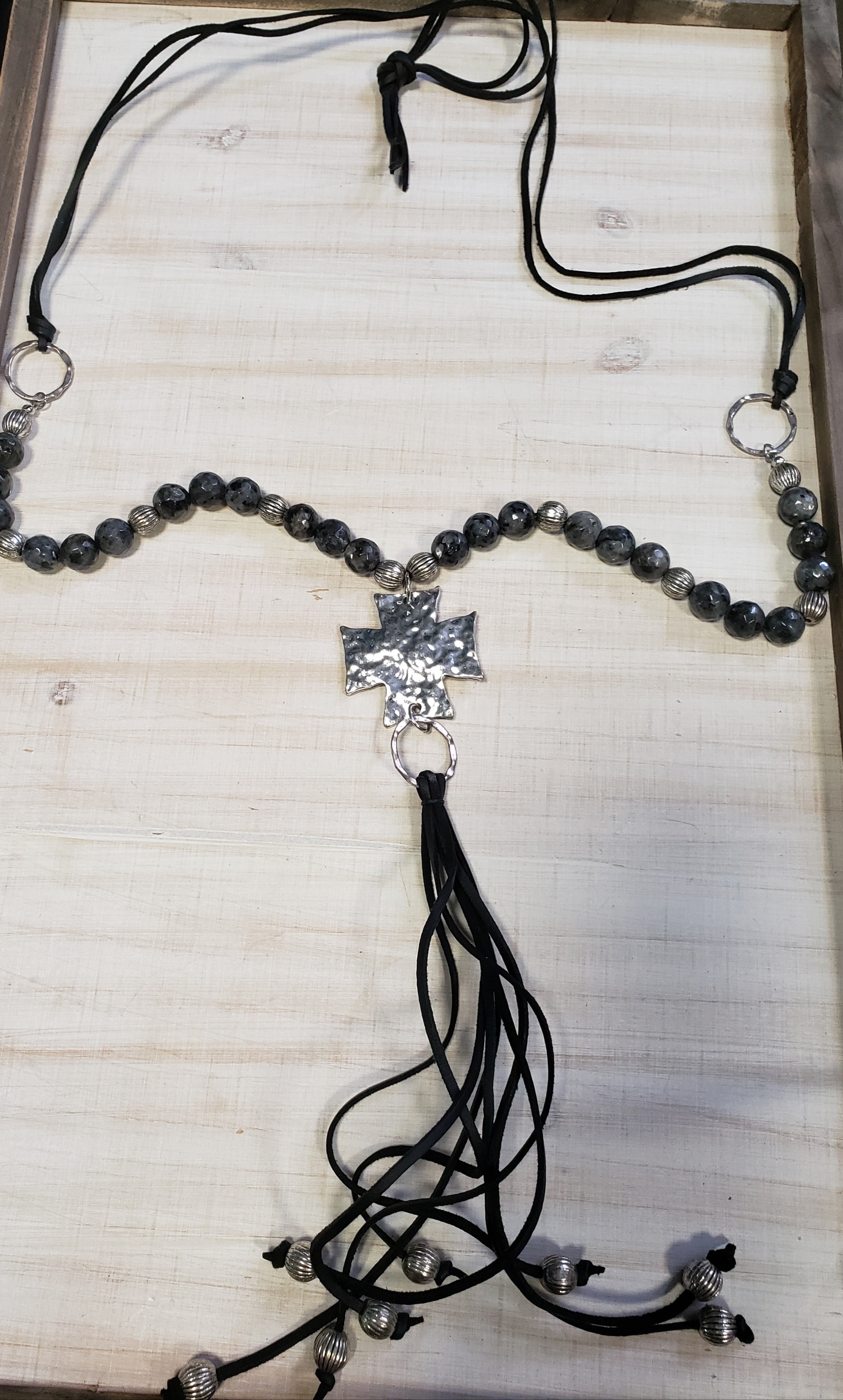 Gray silver and black cross necklace