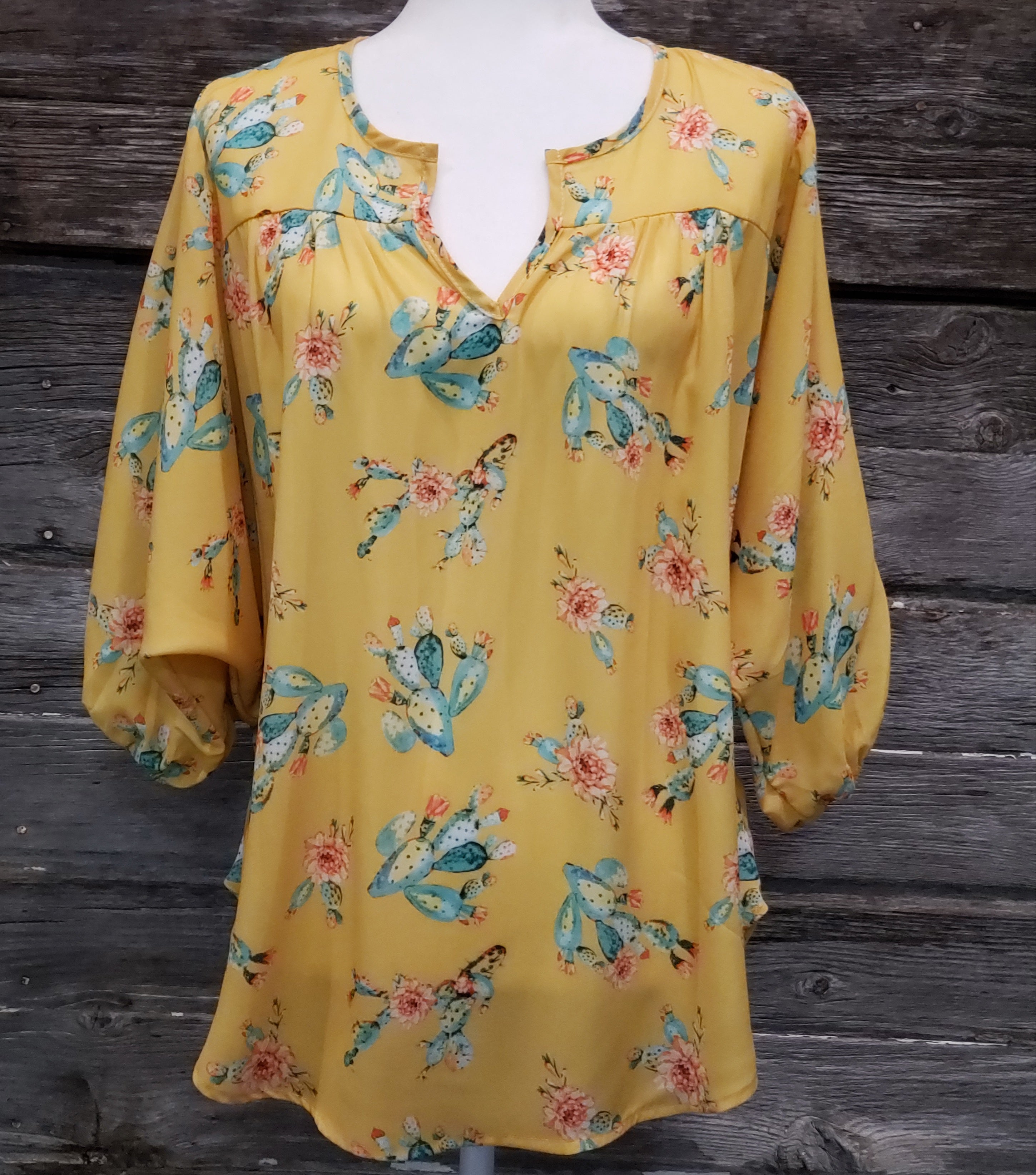 Cactus print yellow v-neck