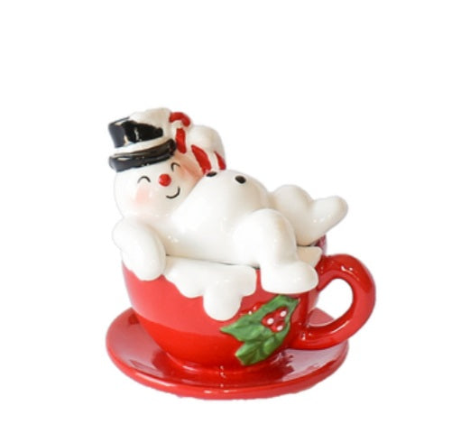 Snowman on a mug salt and pepper shakers set