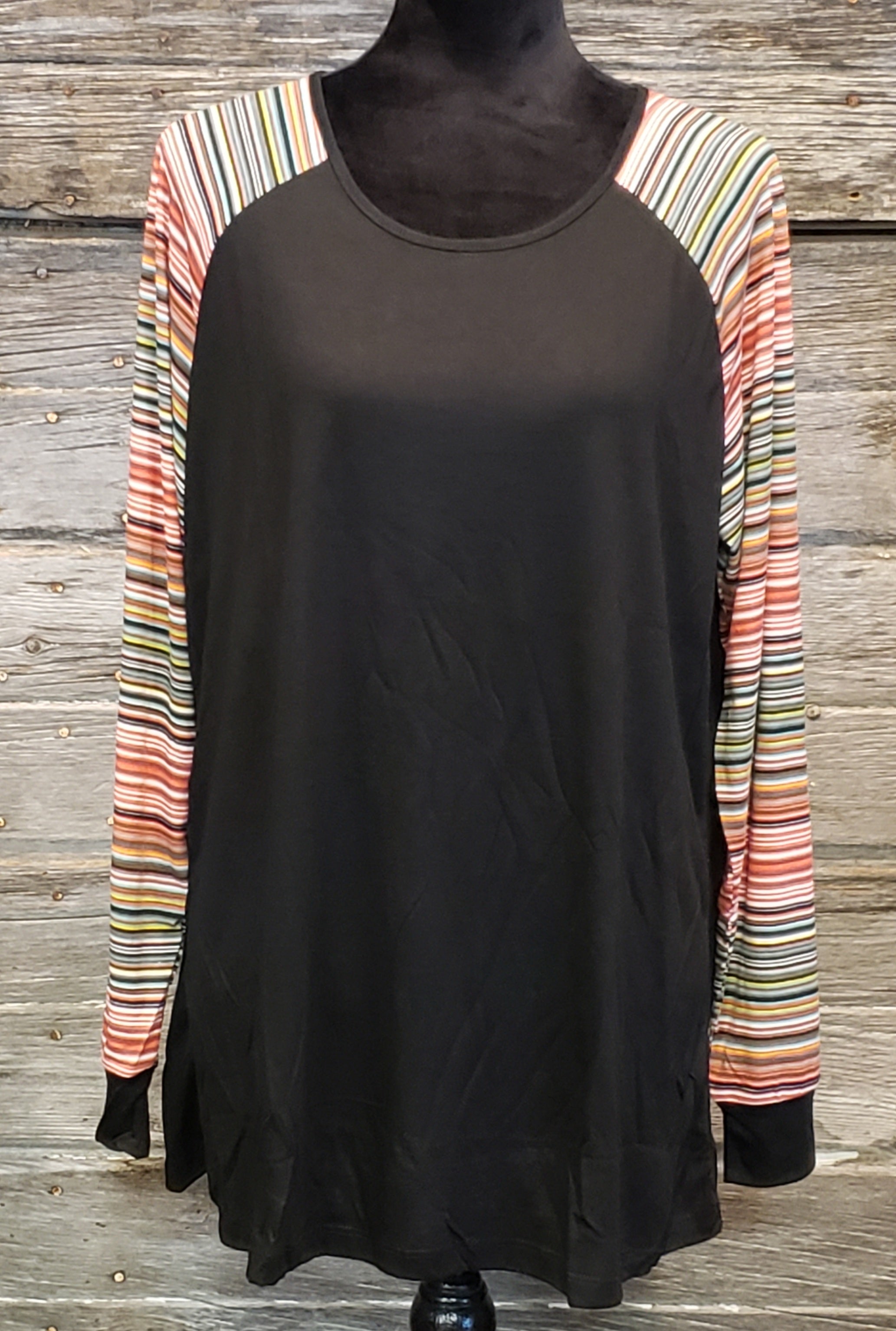 Multicolored long sleeve stripe tee with black body