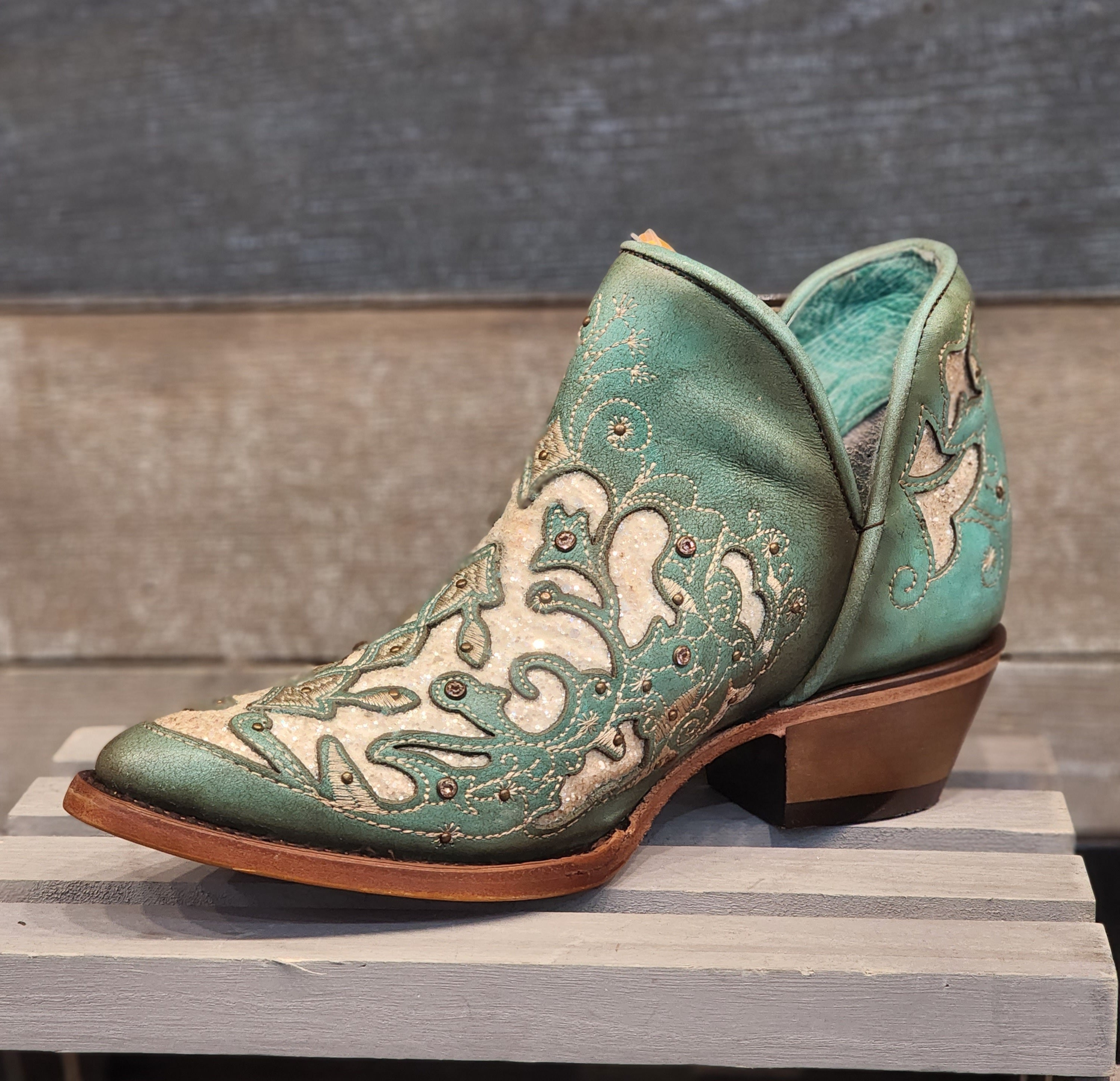 Turquoise/white inlay & embroidery corral bootie C3842