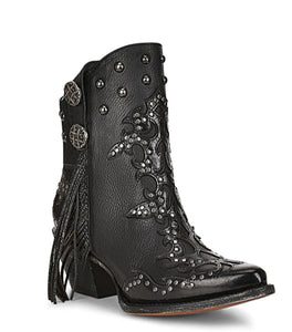 Corral black fringe and studs ankle boot Z0146