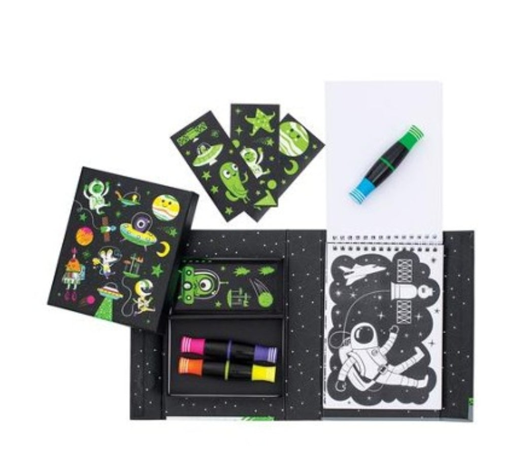 Neon outer space colouring set