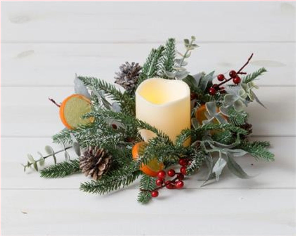 Candle ring-frosted evergreens,  berry, citrus