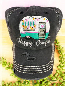 Distressed black happy camper hat