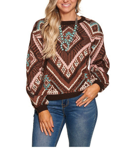 Women's Brown with Turquoise and Peach Aztec Sweater