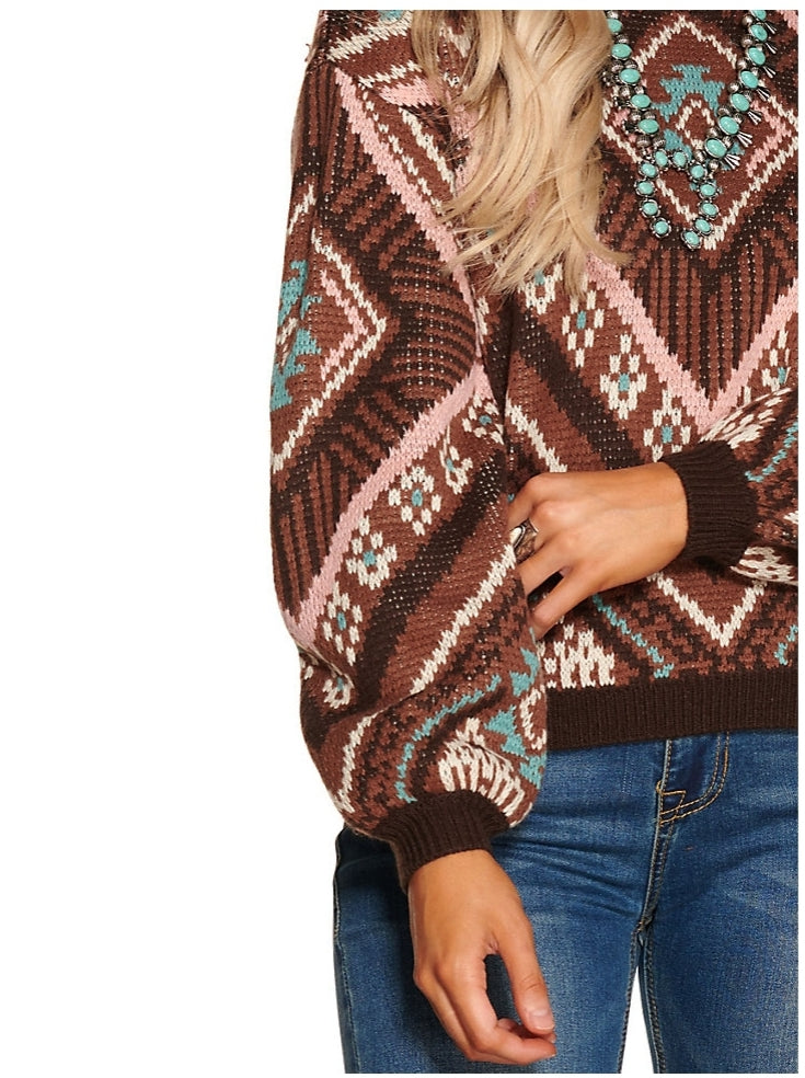 Women's Brown with Turquoise and Peach Aztec Sweater